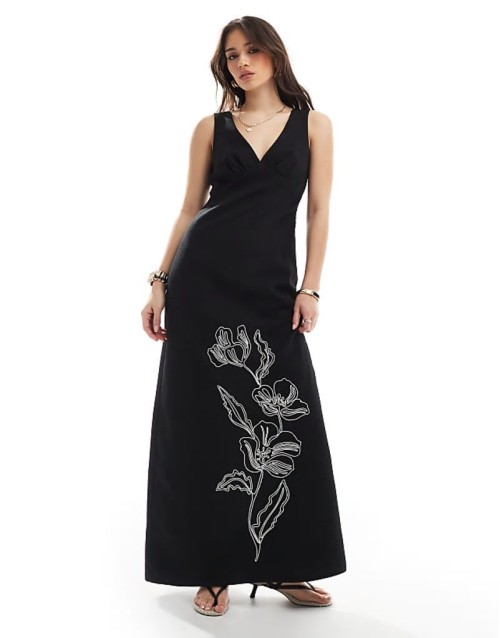 linen look v neck floral embroidered maxi dress in black