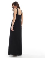 linen look v neck floral embroidered maxi dress in black