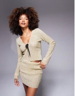co-ord keyhole detail long sve plisse sequin top and mini skirt in gold