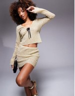 co-ord keyhole detail long sve plisse sequin top and mini skirt in gold