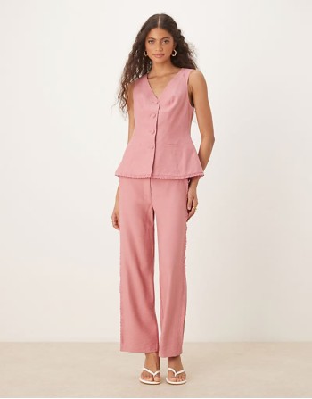 tailored barrel arch leg trouser with lace insert & lace edge trim waistcoat co-ord in pink