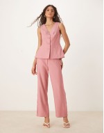 tailored barrel arch leg trouser with lace insert & lace edge trim waistcoat co-ord in pink