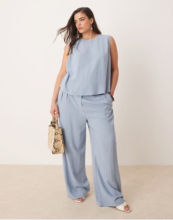 Curve linen shell top and pleat front trousers co-ord in blue