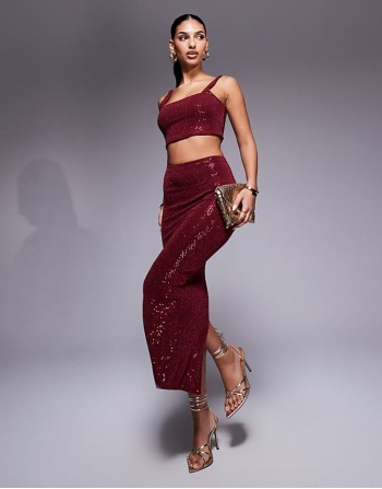 sequin midi skirt co-ord in burgundy