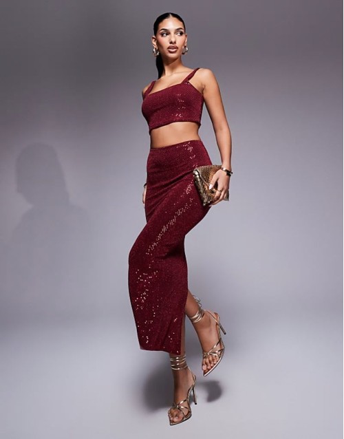 sequin midi skirt co-ord in burgundy