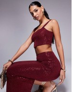 sequin midi skirt co-ord in burgundy