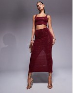 sequin midi skirt co-ord in burgundy