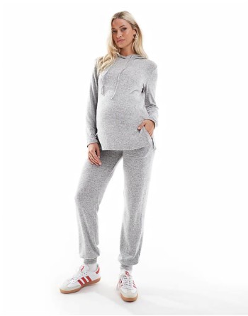 Mamalicious Maternity cuffed jersey jogger and hooded top co-ord in light grey melange