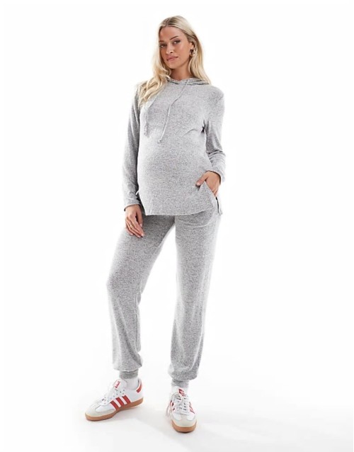 Mamalicious Maternity cuffed jersey jogger and hooded top co-ord in light grey melange