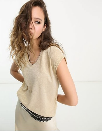v neck t-shirt in gold metallic